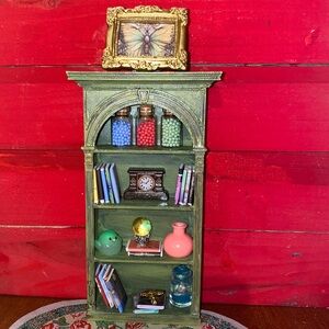 Mini Dollhouse 1:12 Elegant Green bookshelf with Decorative Accents included